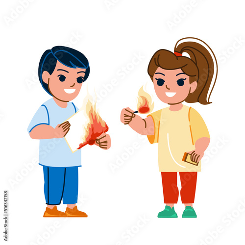 kid fire play vector. danger home girl boy, safety together, little youth, matches kid fire play character. people flat cartoon illustration