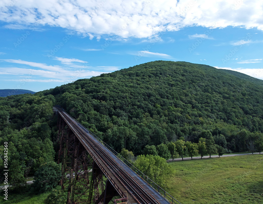 Aerial view of a train bridge in the mountains