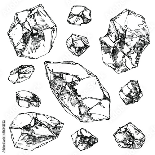 Graphic hand drawn sketch of crystal stones - line art on white background