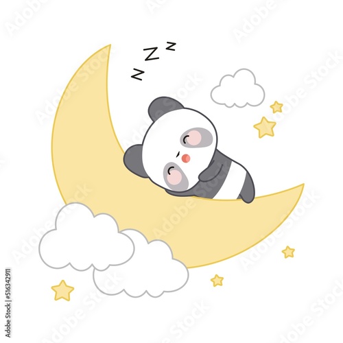 Cute sleeping panda on the moon around clouds and stars in kawaii style.