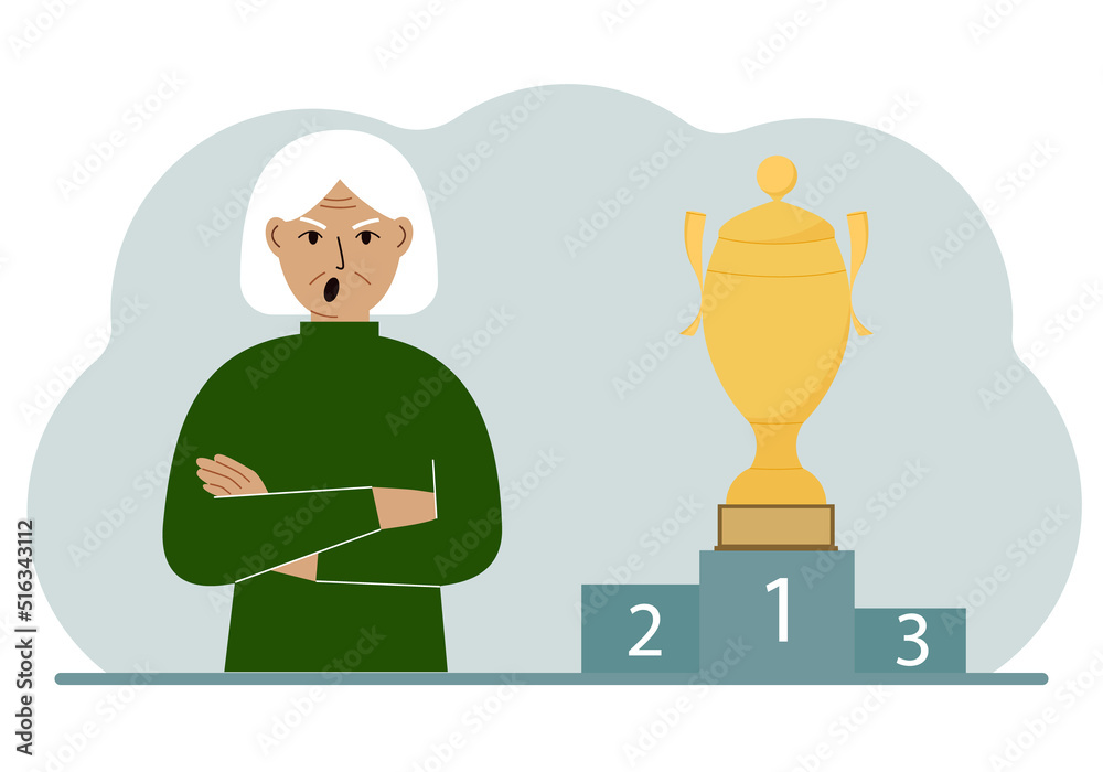 A old woman next to the pedestal on which the cup for victory and first place.