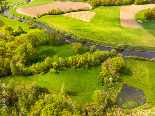 Aerial view of river Ems and pond in nature area Emsaue, Emsdetten, Muensterland, Nordrhein-Westfalen, Germany. photo