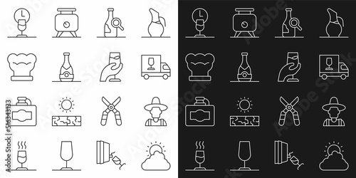 Set line Sun and cloud weather, Farmer in hat, Wine truck, Bottle of wine, Champagne bottle, Chef, time and tasting, degustation icon. Vector