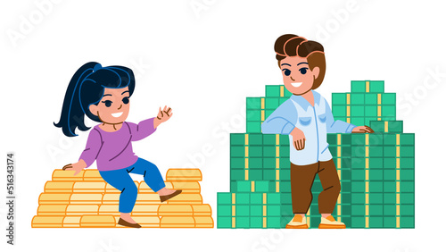 kid millionair vector. money gold cash boy girl, rich child, boss bonus kid millionair character. people flat cartoon illustration