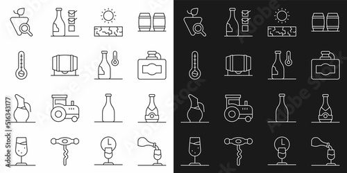 Set line Wine tasting, degustation, Champagne bottle, Cardboard box of wine, Drought, Wooden barrel for, Meteorology thermometer, Grapes and temperature icon. Vector
