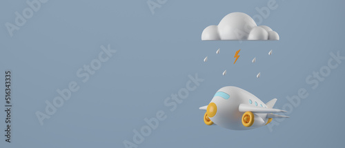 3d airplane travel concept flying under the clouds monsoon weather. 3d cartoon concept for banner, cover, greeting card, brochure, poster. 3d rendering illustration