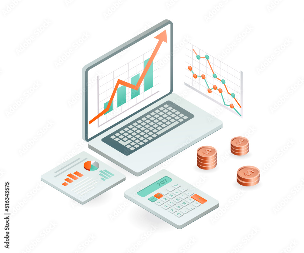 Isometric design concept data analysis of business development and earnings