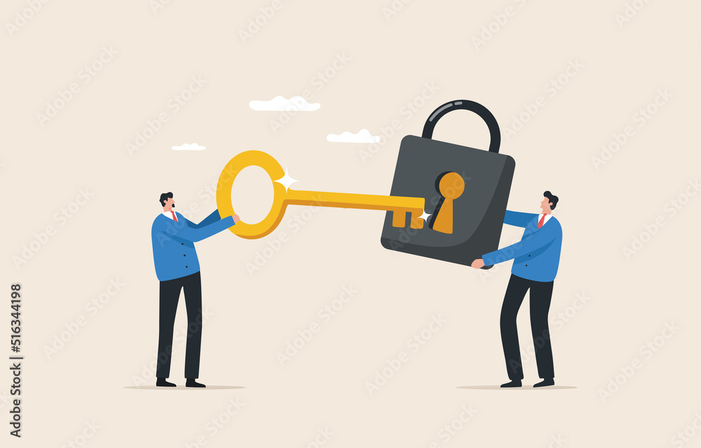 Key business concept. Solve business problems for success. Golden key to unlock. business team holding golden key to unlock.