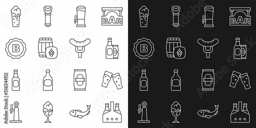 Set line Pack of beer bottles, Glass, Beer and can, tap, Wooden barrel, Bottle cap with, and Sausage on the fork icon. Vector