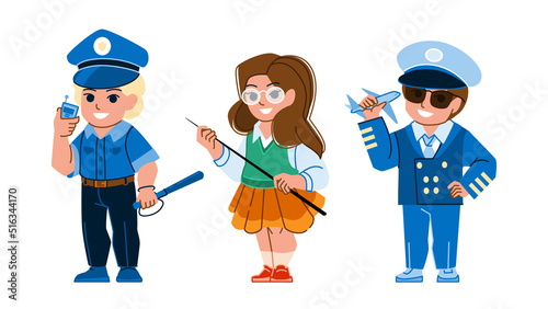 kid profession vector. boy girl child career, future little worker, job costume, teacher pilot police kid profession character. people flat cartoon illustration