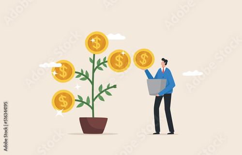 Business growth. Profit from long term investment. Creating sustainability for the business. wealth management. Businessman picking cash from a money tree.