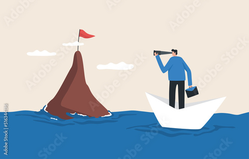 The Way Forward. Look for a way to survive the business. chance of life or job duties. Businessman rowing a boat looking for a flag.