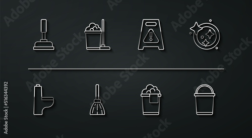 Set line Rubber plunger, Toilet bowl, Washing dishes, Bucket with foam, Handle broom, Mop bucket, and Wet floor icon. Vector