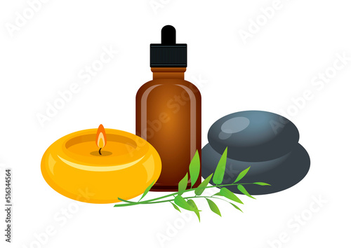 Spa and wellness setting still life vector. Brown glass bottle with essential oil, scented candle and lava massage stones icon vector isolated on a white background