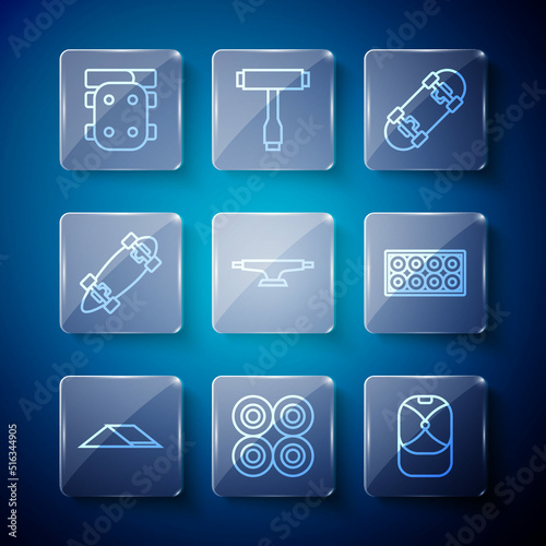 Set line Skate park, Skateboard wheel, Baseball cap, Longboard or skateboard, Knee pads and icon. Vector