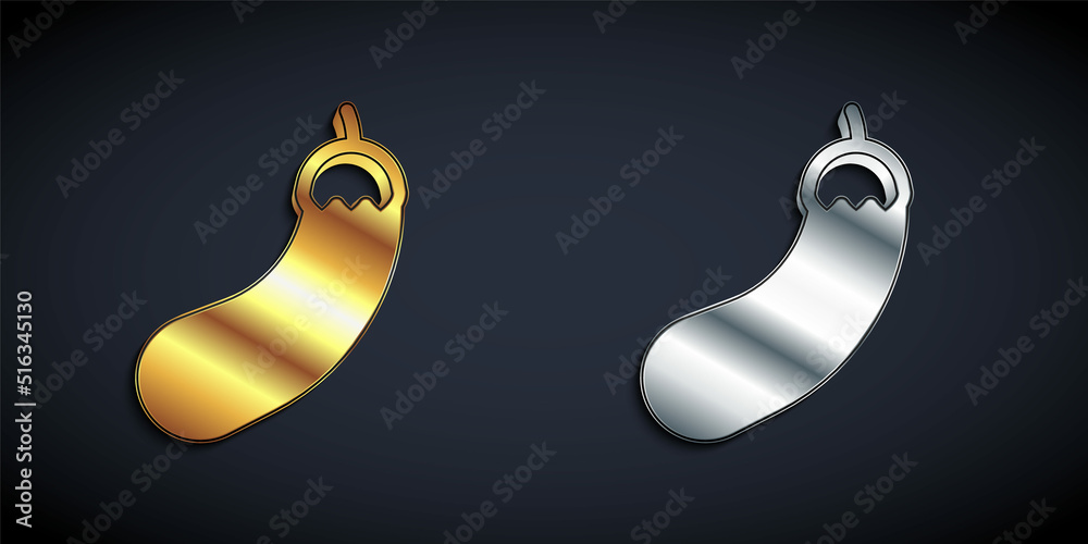 Gold and silver Eggplant icon isolated on black background. Long shadow style. Vector Gold and silver Eggplant icon isolated on black background. Long shadow style. Vector