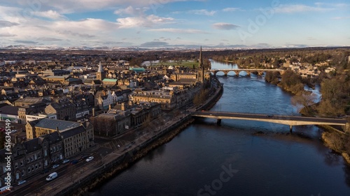 Aerial view of Perth, Scotland above the river Tay photo