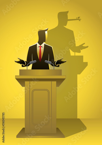 Businessman giving speech with his long nose shadowv