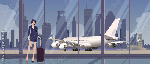 Stewardess at the airport, against the background of the plane and the city. Vector.
