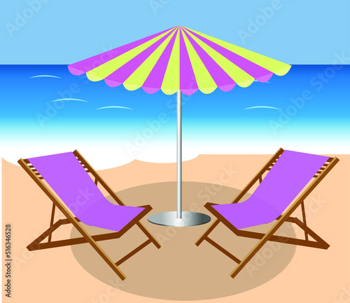 Vector of two chairs on the beach and parasol. Beach umbrella and two chaise longues. Resort beach. Vocations concept.