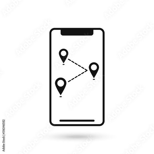 Mobile phone flat design icon with map pointers symbol