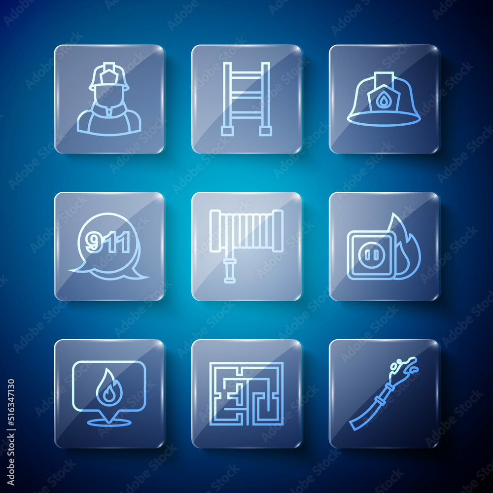 Set line Location with fire flame, Evacuation plan, Fire hose reel, Firefighter helmet, Emergency call 911, and Electric wiring of socket in icon. Vector Set line Location with fire flame, Evacuation plan, Fire hose reel, Firefighter helmet, Emergency call 911, and Electric wiring of socket in icon. Vector