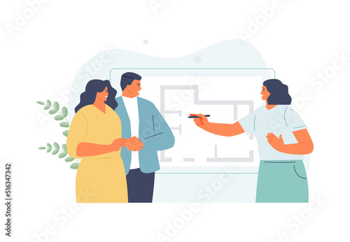 Girl interior designer works with clients on the layout of the apartment. Vector illustration