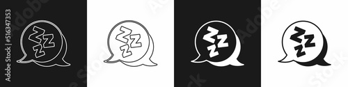 Set Sleepy icon isolated on black and white background. Sleepy zzz talk bubble. Vector