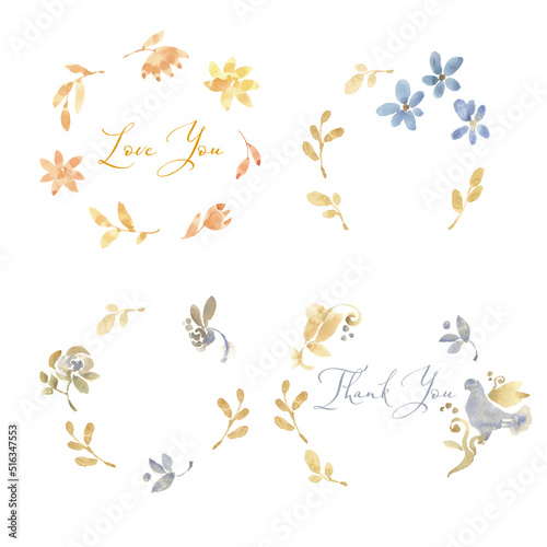 Set with watercolor wedding wreaths in yellow and blue colors