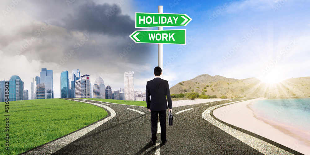 Man looks confused between holiday or work option Man looks confused between holiday or work option