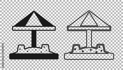 Black Sandbox for kids with sand and umbrella icon isolated on transparent background. Vector