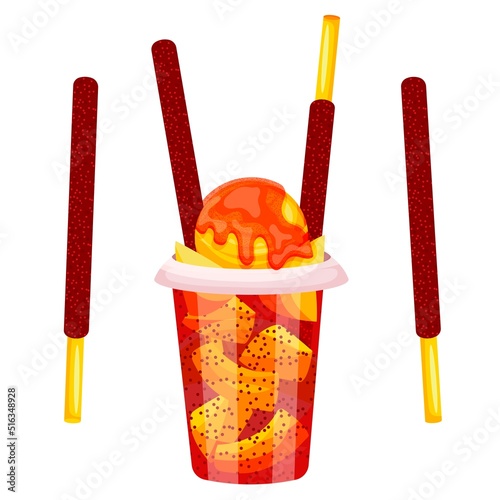 Mango ice cream with Mexican chilly powder isolated on white background cartoon vector illustration. Mexican mangonada drink dessert with peppers.