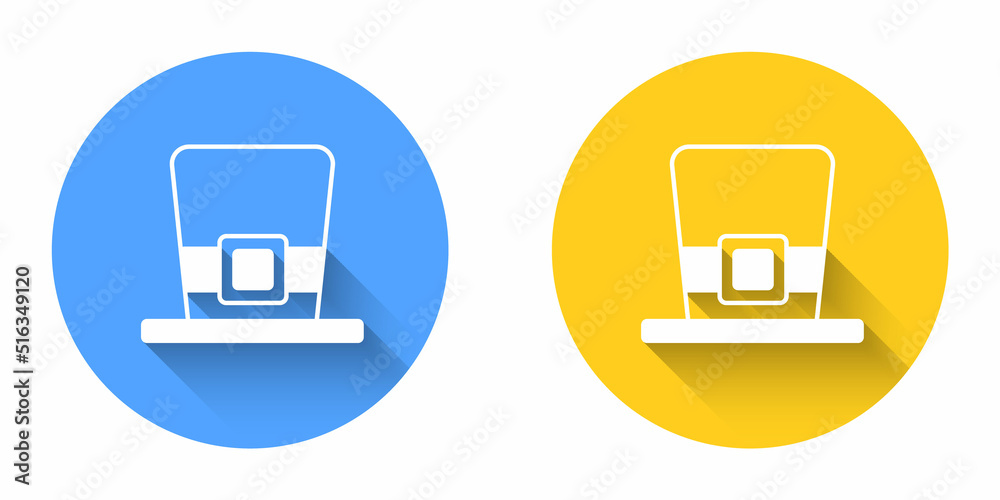 White Leprechaun hat icon isolated with long shadow background. Happy Saint Patricks day. National Irish holiday. Circle button. Vector White Leprechaun hat icon isolated with long shadow background. Happy Saint Patricks day. National Irish holiday. Circle button. Vector