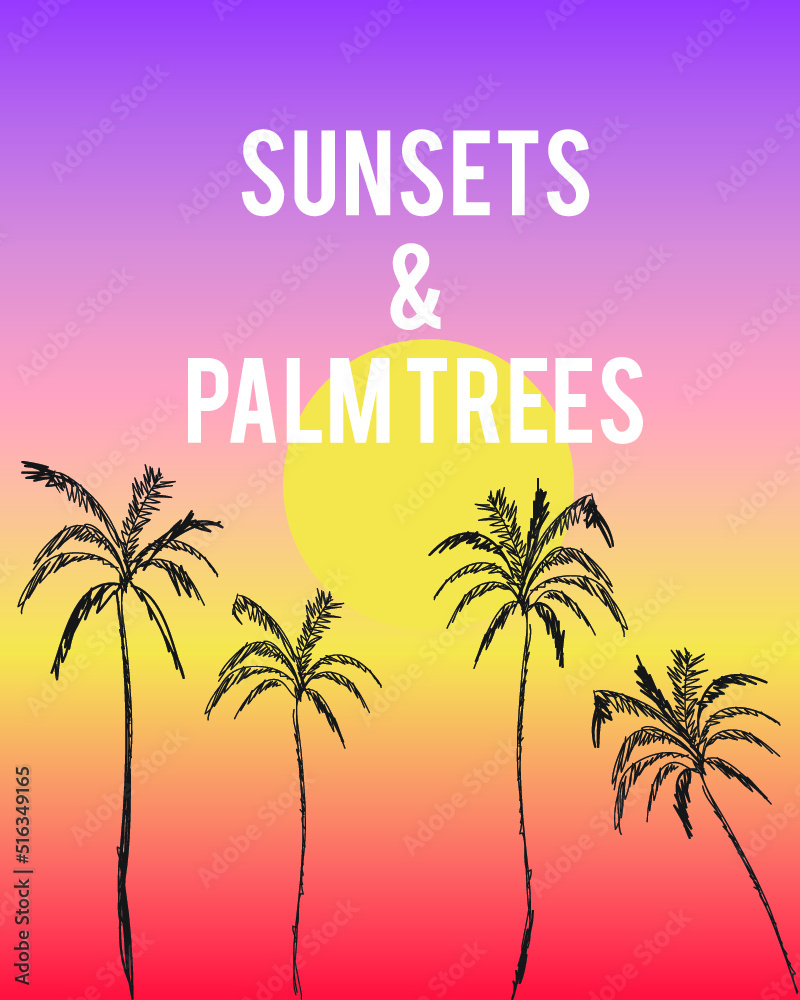 Tropical sunset design. Palms silhouette. summer vacation.