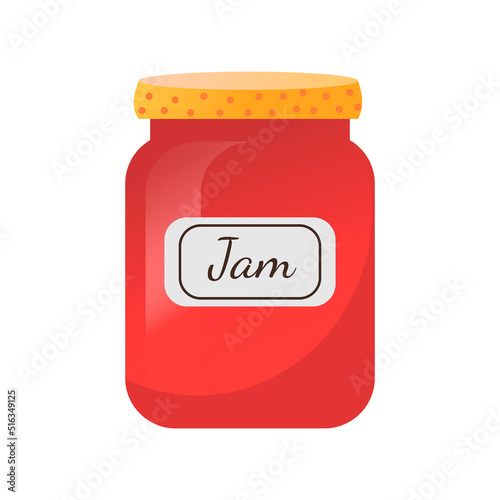 Glass Jar with raspberries or strawberries jam and and sticker label. Vector Illustration isolated on white background.