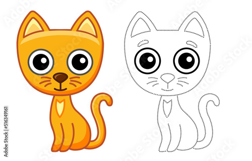 Pet animal for children coloring book. Vector illustration of funny cat in a cartoon style. Trace the dots and color the picture