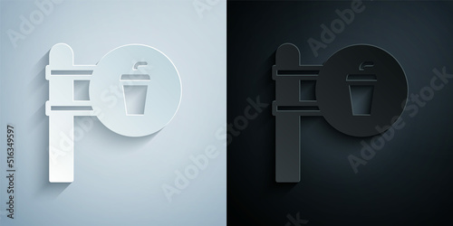 Paper cut Cafe and restaurant location icon isolated on grey and black background. Fork and spoon eatery sign inside pinpoint. Paper art style. Vector.