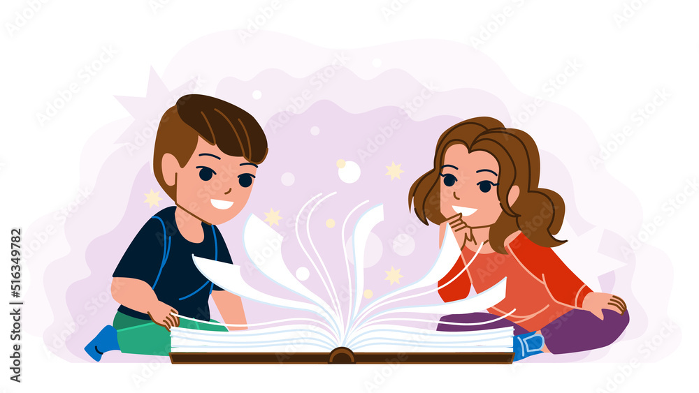 magic book vector. open light fantasy, boy girl old library, story literature, dream education magic book character. people flat cartoon illustration magic book vector. open light fantasy, boy girl old library, story literature, dream education magic book character. people flat cartoon illustration