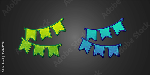 Green and blue Carnival garland with flags icon isolated on black background. Party pennants for birthday celebration, festival decoration. Vector