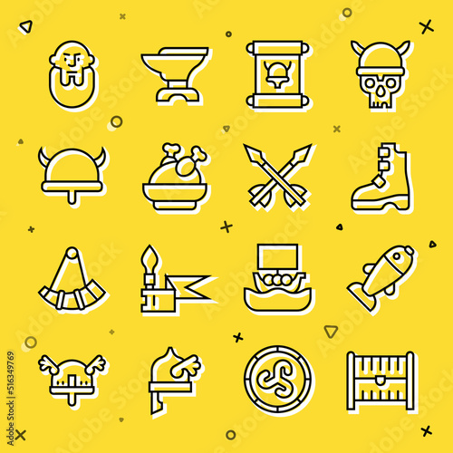 Set line Antique treasure chest, Fish, Ancient viking boots, Decree, parchment, scroll, Roasted turkey or chicken, Viking horned helmet, head and Medieval arrows icon. Vector