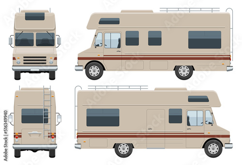 RV motorhome vector template with simple colors without gradients and effects. View from side, front, back
