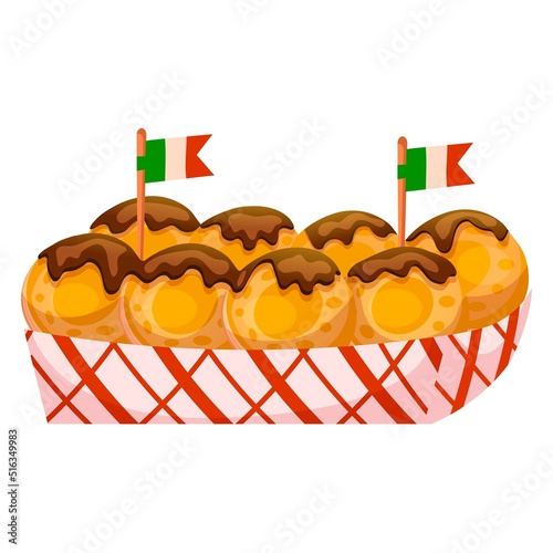 Mexican pancakes in chocolate sauce with little flags in a paper box. Cartoon vector illustration isolated on white background.