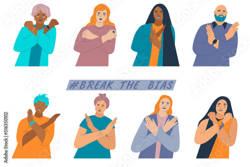 People cross their arms on their chest set. Break the bias concept elements. Womens international day 8th march. Gesture stop. Diversity skin colors and sthnic groups characters