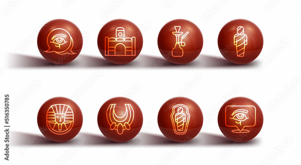 Set line Eye of Horus, Egyptian pharaoh, mummy, in sarcophagus, necklace, house, and Hookah icon. Vector Set line Eye of Horus, Egyptian pharaoh, mummy, in sarcophagus, necklace, house, and Hookah icon. Vector