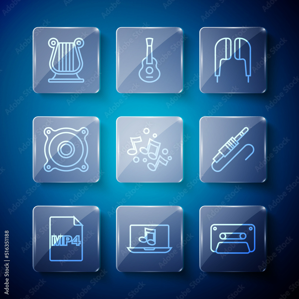 Set line MP4 file document, Laptop with music, Retro audio cassette tape, Air headphones, Music note, tone, Stereo speaker, Ancient Greek lyre and Audio jack icon. Vector Set line MP4 file document, Laptop with music, Retro audio cassette tape, Air headphones, Music note, tone, Stereo speaker, Ancient Greek lyre and Audio jack icon. Vector