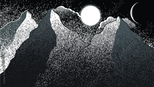 Star and planet in space. Futuristic landscape, with noise texture . Night landscape with starry sky .Vector illustration