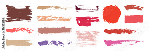 Makeup strokes. Beauty and cosmetic nude brush stains.  Set of lipstick swatches. Hand drawn.