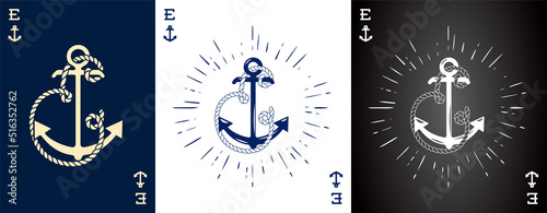 Set of three Vintage Label with an Anchor and Letter made of Ship Rope. Apparel t-shirt or Poster Design. Logotype Monogram with Playing Cards Style. Vector illustration.