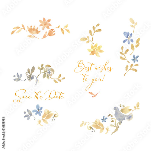 Decorative watercolor elements, floral branches for invitation and greeting cards
