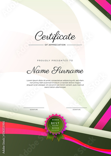 Modern elegant green certificate of achievement template with badge and border. Designed for diploma, award, business, university, school, and corporate.